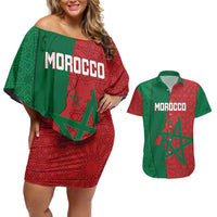 Personalised Morocco Couples Matching Off Shoulder Short Dress and Hawaiian Shirt Moroccan Green Star With Moorish Pattern - Wonder Print Shop