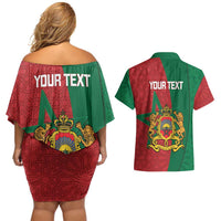 Personalised Morocco Couples Matching Off Shoulder Short Dress and Hawaiian Shirt Moroccan Green Star With Moorish Pattern - Wonder Print Shop