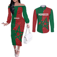Personalised Morocco Couples Matching Off The Shoulder Long Sleeve Dress and Long Sleeve Button Shirt Moroccan Green Star With Moorish Pattern