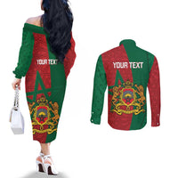 Personalised Morocco Couples Matching Off The Shoulder Long Sleeve Dress and Long Sleeve Button Shirt Moroccan Green Star With Moorish Pattern