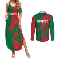 Personalised Morocco Couples Matching Summer Maxi Dress and Long Sleeve Button Shirt Moroccan Green Star With Moorish Pattern - Wonder Print Shop