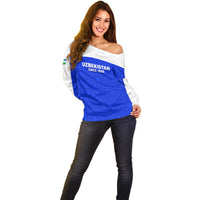 Custom Uzbekistan Football Off Shoulder Sweater 2024 Go Champions Uzbek Pattern - Wonder Print Shop