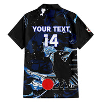 Black back button-up shirt with blue waves, 'YOUR TEXT', and centered 14 numeral
