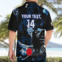Black custom football Hawaiian shirt with back number 14 and blue dragon-style graphics