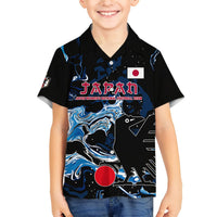 Black kids button-up shirt with blue wave graphic, Japan flag, and team logo