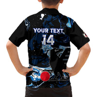 Black back button-up shirt with blue waves, 'YOUR TEXT', and large 14