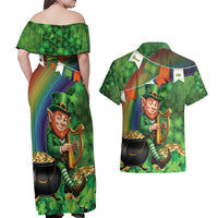 Happy Saint Patrick's Day Couples Matching Off Shoulder Maxi Dress and Hawaiian Shirt Leprechaun With Irish Harp - Shamrock Pattern