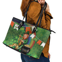 Happy Saint Patrick's Day Leather Tote Bag Leprechaun With Irish Harp - Shamrock Pattern