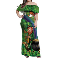 Happy Saint Patrick's Day Off Shoulder Maxi Dress Leprechaun With Irish Harp - Shamrock Pattern - Wonder Print Shop