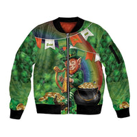 Happy Saint Patrick's Day Sleeve Zip Bomber Jacket Leprechaun With Irish Harp - Shamrock Pattern - Wonder Print Shop