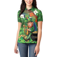 Happy Saint Patrick's Day Women Polo Shirt Leprechaun With Irish Harp - Shamrock Pattern - Wonder Print Shop