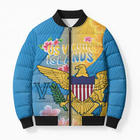 US Virgin Islands Bomber Puffer Jacket Coat of Arms Plumeria Curve Style - Wonder Print Shop