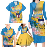 US Virgin Islands Family Matching Long Sleeve Bodycon Dress and Hawaiian Shirt Coat of Arms Plumeria Curve Style - Wonder Print Shop