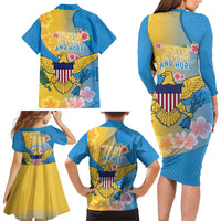 US Virgin Islands Family Matching Long Sleeve Bodycon Dress and Hawaiian Shirt Coat of Arms Plumeria Curve Style - Wonder Print Shop