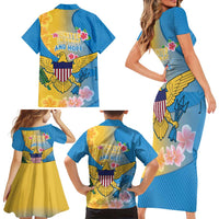 US Virgin Islands Family Matching Short Sleeve Bodycon Dress and Hawaiian Shirt Coat of Arms Plumeria Curve Style - Wonder Print Shop