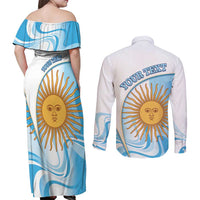 Argentina Football Personalized Couples Matching Off Shoulder Maxi Dress and Long Sleeve Button Shirt 2026 Trophy Vamos La Albiceleste - Wonder Print Shop