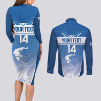 Custom Greece Football Couples Matching Long Sleeve Bodycon Dress and Long Sleeve Button Shirt Go Ethniki Coat Of Arms Style