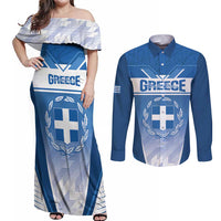 Custom Greece Football Couples Matching Off Shoulder Maxi Dress and Long Sleeve Button Shirt Go Ethniki Coat Of Arms Style