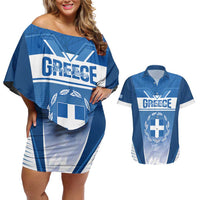 Custom Greece Football Couples Matching Off Shoulder Short Dress and Hawaiian Shirt Go Ethniki Coat Of Arms Style