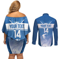 Custom Greece Football Couples Matching Off Shoulder Short Dress and Long Sleeve Button Shirt Go Ethniki Coat Of Arms Style