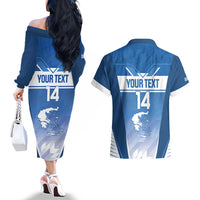 Custom Greece Football Couples Matching Off The Shoulder Long Sleeve Dress and Hawaiian Shirt Go Ethniki Coat Of Arms Style