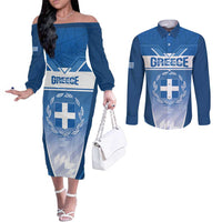 Custom Greece Football Couples Matching Off The Shoulder Long Sleeve Dress and Long Sleeve Button Shirt Go Ethniki Coat Of Arms Style