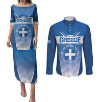 Custom Greece Football Couples Matching Puletasi and Long Sleeve Button Shirt Go Ethniki Coat Of Arms Style