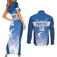 Custom Greece Football Couples Matching Short Sleeve Bodycon Dress and Long Sleeve Button Shirt Go Ethniki Coat Of Arms Style