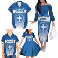 Custom Greece Football Family Matching Off The Shoulder Long Sleeve Dress and Hawaiian Shirt Go Ethniki Coat Of Arms Style