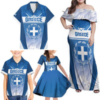 Custom Greece Football Family Matching Off Shoulder Maxi Dress and Hawaiian Shirt Go Ethniki Coat Of Arms Style