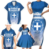 Custom Greece Football Family Matching Short Sleeve Bodycon Dress and Hawaiian Shirt Go Ethniki Coat Of Arms Style