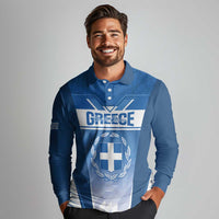 Custom Greece Football Long Sleeve Polo Shirt Go Ethniki Coat Of Arms Style