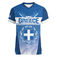 Custom Greece Football Women V-Neck T-Shirt Go Ethniki Coat Of Arms Style
