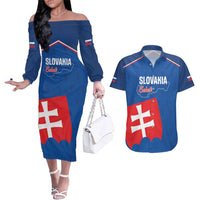 Custom Slovakia Football Couples Matching Off The Shoulder Long Sleeve Dress and Hawaiian Shirt Come On Sokoli Falcon Pattern