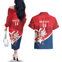 Custom Serbia Football Couples Matching Off The Shoulder Long Sleeve Dress and Hawaiian Shirt Come On Ealges Coat Of Arms Style