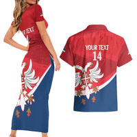 Custom Serbia Football Couples Matching Short Sleeve Bodycon Dress and Hawaiian Shirt Come On Ealges Coat Of Arms Style