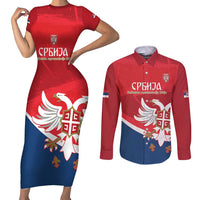 Custom Serbia Football Couples Matching Short Sleeve Bodycon Dress and Long Sleeve Button Shirt Come On Ealges Coat Of Arms Style