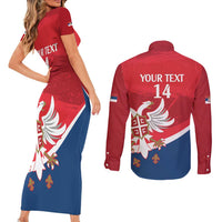 Custom Serbia Football Couples Matching Short Sleeve Bodycon Dress and Long Sleeve Button Shirt Come On Ealges Coat Of Arms Style