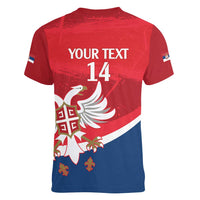 Custom Serbia Football Women V-Neck T-Shirt Come On Ealges Coat Of Arms Style