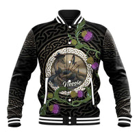 Personalised Loch Ness Monster Scotland Baseball Jacket Nessie Bagpipe Scottish Thistle Celtic Knot