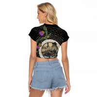 Personalised Loch Ness Monster Scotland Raglan Cropped T Shirt Nessie Bagpipe Scottish Thistle Celtic Knot