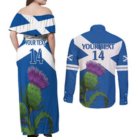 Custom Scotland Cricket Couples Matching Off Shoulder Maxi Dress and Long Sleeve Button Shirt 2024 Scottish Thistle Flag Style - Wonder Print Shop