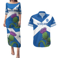 Custom Scotland Cricket Couples Matching Puletasi and Hawaiian Shirt 2024 Scottish Thistle Flag Style - Wonder Print Shop