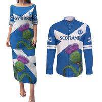 Custom Scotland Cricket Couples Matching Puletasi and Long Sleeve Button Shirt 2024 Scottish Thistle Flag Style - Wonder Print Shop