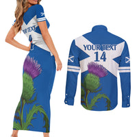 Custom Scotland Cricket Couples Matching Short Sleeve Bodycon Dress and Long Sleeve Button Shirt 2024 Scottish Thistle Flag Style - Wonder Print Shop