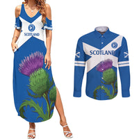 Custom Scotland Cricket Couples Matching Summer Maxi Dress and Long Sleeve Button Shirt 2024 Scottish Thistle Flag Style - Wonder Print Shop