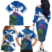 Custom Scotland Cricket Family Matching Off The Shoulder Long Sleeve Dress and Hawaiian Shirt 2024 Scottish Thistle Flag Style - Wonder Print Shop