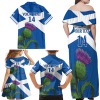 Custom Scotland Cricket Family Matching Off Shoulder Maxi Dress and Hawaiian Shirt 2024 Scottish Thistle Flag Style - Wonder Print Shop