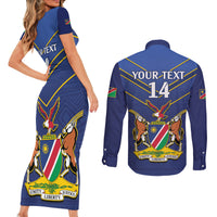 Custom Namibia Cricket Couples Matching Short Sleeve Bodycon Dress and Long Sleeve Button Shirt 2024 Go Eagles African Pattern - Wonder Print Shop