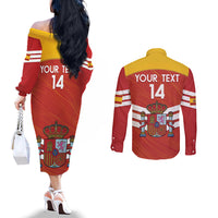 Custom Spain Football Couples Matching Off The Shoulder Long Sleeve Dress and Long Sleeve Button Shirt Summer 2024 Olympic La Roja